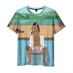Мужская футболка 3D с принтом Конь БоДжек в Тюмени, 100% полиэфир | прямой крой, круглый вырез горловины, длина до линии бедер | Тематика изображения на принте: bojack | hollywood | horseman | бассейн | боджек | конь