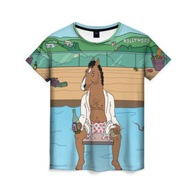 Женская футболка 3D с принтом Конь БоДжек в Тюмени, 100% полиэфир ( синтетическое хлопкоподобное полотно) | прямой крой, круглый вырез горловины, длина до линии бедер | bojack | hollywood | horseman | бассейн | боджек | конь