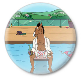 Значок с принтом Конь БоДжек в Тюмени,  металл | круглая форма, металлическая застежка в виде булавки | bojack | hollywood | horseman | бассейн | боджек | конь