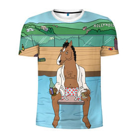 Мужская футболка 3D спортивная с принтом Конь БоДжек в Тюмени, 100% полиэстер с улучшенными характеристиками | приталенный силуэт, круглая горловина, широкие плечи, сужается к линии бедра | bojack | hollywood | horseman | бассейн | боджек | конь
