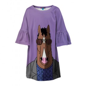 Детское платье 3D с принтом БоДжек в Тюмени, 100% полиэстер | прямой силуэт, чуть расширенный к низу. Круглая горловина, на рукавах — воланы | bojack | horseman | боджек | конь | очки