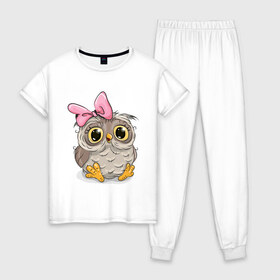 Женская пижама хлопок с принтом Совушка в Тюмени, 100% хлопок | брюки и футболка прямого кроя, без карманов, на брюках мягкая резинка на поясе и по низу штанин | птица | сова | совушка