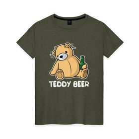 Женская футболка хлопок с принтом Teddy Beer в Тюмени, 100% хлопок | прямой крой, круглый вырез горловины, длина до линии бедер, слегка спущенное плечо | медведь | миша | мишка | тедди | юмор