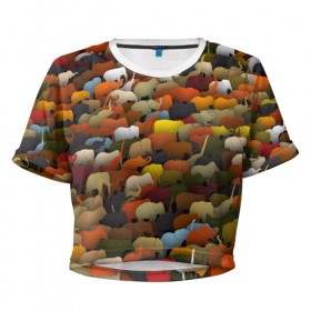 Женская футболка 3D укороченная с принтом Слоны идут налево в Тюмени, 100% полиэстер | круглая горловина, длина футболки до линии талии, рукава с отворотами | африка | животные | индия | паттрен | слон | слоники | стадо | толпа
