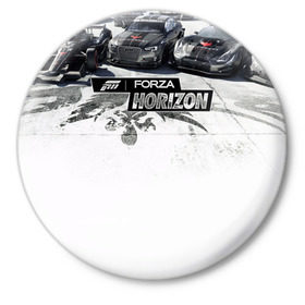 Значок с принтом Forza Horizon в Тюмени,  металл | круглая форма, металлическая застежка в виде булавки | games | playground | авто | гонки | горизонт | машины | сила | фестиваль | форза | хоризон