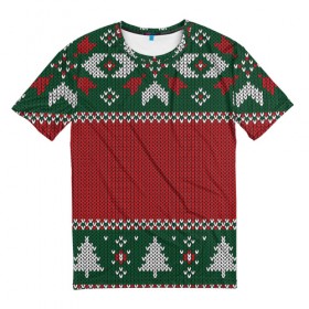 Мужская футболка 3D с принтом Вязаный узор в Тюмени, 100% полиэфир | прямой крой, круглый вырез горловины, длина до линии бедер | background | christmas | winter | вязаный | вязаный узор | елки | зима | праздник | рождество | узор | фон