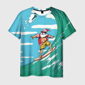 Мужская футболка 3D с принтом Cool Santa в Тюмени, 100% полиэфир | прямой крой, круглый вырез горловины, длина до линии бедер | Тематика изображения на принте: cool | creative | design | holiday | merry christmas | new year | sea | summer | surfing | wave | волна | дизайн | канары | креатив | круто | лето | море | новый год | рождество | сёрфинг