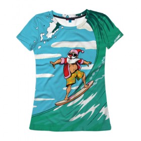 Женская футболка 3D с принтом Cool Santa в Тюмени, 100% полиэфир ( синтетическое хлопкоподобное полотно) | прямой крой, круглый вырез горловины, длина до линии бедер | cool | creative | design | holiday | merry christmas | new year | sea | summer | surfing | wave | волна | дизайн | канары | креатив | круто | лето | море | новый год | рождество | сёрфинг