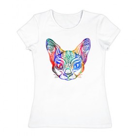 Женская футболка хлопок с принтом Разноцветная мордашка кота в Тюмени, 100% хлопок | прямой крой, круглый вырез горловины, длина до линии бедер, слегка спущенное плечо | большие уши | гипно кот | кот | котик | кошка | лицо | уши | ушной | цветная