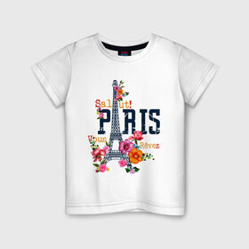 Детская футболка хлопок с принтом Salut PARIS в Тюмени, 100% хлопок | круглый вырез горловины, полуприлегающий силуэт, длина до линии бедер | Тематика изображения на принте: paris | башня | париж | салют | франция | французская | цветочки | цветы | эйфелева башня | эйфелевая башня