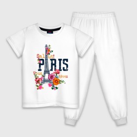 Детская пижама хлопок с принтом Salut PARIS в Тюмени, 100% хлопок |  брюки и футболка прямого кроя, без карманов, на брюках мягкая резинка на поясе и по низу штанин
 | Тематика изображения на принте: paris | башня | париж | салют | франция | французская | цветочки | цветы | эйфелева башня | эйфелевая башня