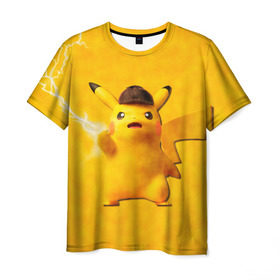 Мужская футболка 3D с принтом Детектив Пикачу с молнией в Тюмени, 100% полиэфир | прямой крой, круглый вырез горловины, длина до линии бедер | 