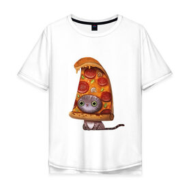 Мужская футболка хлопок Oversize с принтом Котенок - пицца в Тюмени, 100% хлопок | свободный крой, круглый ворот, “спинка” длиннее передней части | арт | грибы | колбаса | котенок | кусок | пицца | рисунок | тесто