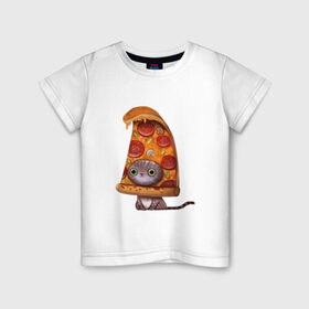 Детская футболка хлопок с принтом Котенок - пицца в Тюмени, 100% хлопок | круглый вырез горловины, полуприлегающий силуэт, длина до линии бедер | арт | грибы | колбаса | котенок | кусок | пицца | рисунок | тесто