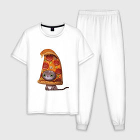 Мужская пижама хлопок с принтом Котенок - пицца в Тюмени, 100% хлопок | брюки и футболка прямого кроя, без карманов, на брюках мягкая резинка на поясе и по низу штанин
 | арт | грибы | колбаса | котенок | кусок | пицца | рисунок | тесто