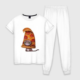 Женская пижама хлопок с принтом Котенок - пицца в Тюмени, 100% хлопок | брюки и футболка прямого кроя, без карманов, на брюках мягкая резинка на поясе и по низу штанин | арт | грибы | колбаса | котенок | кусок | пицца | рисунок | тесто