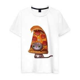 Мужская футболка хлопок с принтом Котенок - пицца в Тюмени, 100% хлопок | прямой крой, круглый вырез горловины, длина до линии бедер, слегка спущенное плечо. | арт | грибы | колбаса | котенок | кусок | пицца | рисунок | тесто