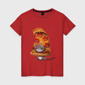 Женская футболка хлопок с принтом Котенок - пицца в Тюмени, 100% хлопок | прямой крой, круглый вырез горловины, длина до линии бедер, слегка спущенное плечо | арт | грибы | колбаса | котенок | кусок | пицца | рисунок | тесто
