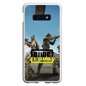 Чехол для Samsung S10E с принтом PUBG в Тюмени, Силикон | Область печати: задняя сторона чехла, без боковых панелей | action | battlegrounds | chiken | game | online | playerunknown’s | pubg | игры | курица | наемники | пабг | пубг | сковорода | солдаты | шутер