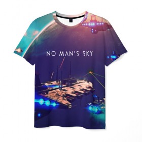 Мужская футболка 3D с принтом NO MANS SKY в Тюмени, 100% полиэфир | прямой крой, круглый вырез горловины, длина до линии бедер | game | hill | hills | mounatin | mounatins | nms | no mans sky | planet | rock | rocks | sky | snow | space | winter | игры | планеты