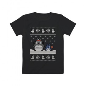 Детская футболка хлопок с принтом New Year Totoro в Тюмени, 100% хлопок | круглый вырез горловины, полуприлегающий силуэт, длина до линии бедер | 2019 | дед мороз | дом | елка | желание | животные | зима | кабан | милый | мороз | настроение | новый год | пеппа | подарок | позитив | поросенок | праздник | радость | рождество | санта клаус | свинка