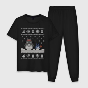 Мужская пижама хлопок с принтом New Year Totoro в Тюмени, 100% хлопок | брюки и футболка прямого кроя, без карманов, на брюках мягкая резинка на поясе и по низу штанин
 | Тематика изображения на принте: 2019 | дед мороз | дом | елка | желание | животные | зима | кабан | милый | мороз | настроение | новый год | пеппа | подарок | позитив | поросенок | праздник | радость | рождество | санта клаус | свинка