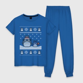 Женская пижама хлопок с принтом New Year Totoro в Тюмени, 100% хлопок | брюки и футболка прямого кроя, без карманов, на брюках мягкая резинка на поясе и по низу штанин | 2019 | дед мороз | дом | елка | желание | животные | зима | кабан | милый | мороз | настроение | новый год | пеппа | подарок | позитив | поросенок | праздник | радость | рождество | санта клаус | свинка