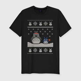 Мужская футболка премиум с принтом New Year Totoro в Тюмени, 92% хлопок, 8% лайкра | приталенный силуэт, круглый вырез ворота, длина до линии бедра, короткий рукав | Тематика изображения на принте: 2019 | дед мороз | дом | елка | желание | животные | зима | кабан | милый | мороз | настроение | новый год | пеппа | подарок | позитив | поросенок | праздник | радость | рождество | санта клаус | свинка