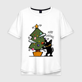 Мужская футболка хлопок Oversize с принтом Merry Christmas в Тюмени, 100% хлопок | свободный крой, круглый ворот, “спинка” длиннее передней части | 2019 | дед мороз | дом | елка | желание | животные | зима | кабан | милый | мороз | настроение | новый год | пеппа | подарок | позитив | поросенок | праздник | радость | рождество | санта клаус | свинка