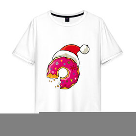 Мужская футболка хлопок Oversize с принтом Новогодний пончик в Тюмени, 100% хлопок | свободный крой, круглый ворот, “спинка” длиннее передней части | 2019 | дед мороз | дом | елка | желание | животные | зима | кабан | милый | мороз | настроение | новый год | пеппа | подарок | позитив | поросенок | праздник | радость | рождество | санта клаус | свинка