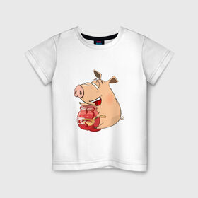 Детская футболка хлопок с принтом Свинка ест вишневое варенье в Тюмени, 100% хлопок | круглый вырез горловины, полуприлегающий силуэт, длина до линии бедер | 2019 | варенье | вишня | ложка | поросенок | пятачок | свин | свинка | свинья | символгода | уши | хвост