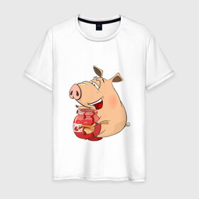 Мужская футболка хлопок с принтом Свинка ест вишневое варенье в Тюмени, 100% хлопок | прямой крой, круглый вырез горловины, длина до линии бедер, слегка спущенное плечо. | Тематика изображения на принте: 2019 | варенье | вишня | ложка | поросенок | пятачок | свин | свинка | свинья | символгода | уши | хвост