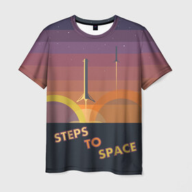Мужская футболка 3D с принтом STEPS TO SPACE в Тюмени, 100% полиэфир | прямой крой, круглый вырез горловины, длина до линии бедер | elon musk | falcon 9 | spacex | илон маск | ступень ракеты
