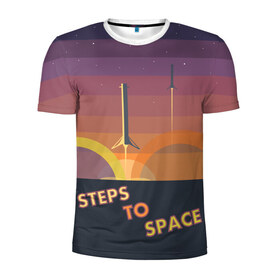 Мужская футболка 3D спортивная с принтом STEPS TO SPACE в Тюмени, 100% полиэстер с улучшенными характеристиками | приталенный силуэт, круглая горловина, широкие плечи, сужается к линии бедра | elon musk | falcon 9 | spacex | илон маск | ступень ракеты