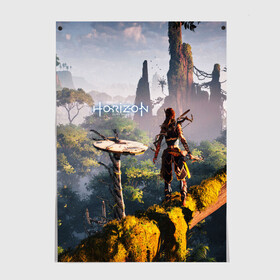 Постер с принтом HORIZON ZERO DAWN в Тюмени, 100% бумага
 | бумага, плотность 150 мг. Матовая, но за счет высокого коэффициента гладкости имеет небольшой блеск и дает на свету блики, но в отличии от глянцевой бумаги не покрыта лаком | aloy | game | horizon zero dawn | hunter | machine | mecha | robot | snow | spear | the frozen wilds | weapon | игры | постапокалипсис | роботы | фентези | элой