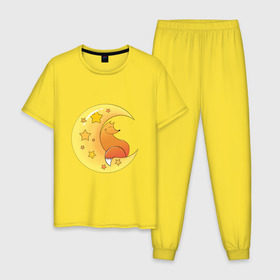 Мужская пижама хлопок с принтом вечернее чаепитие в Тюмени, 100% хлопок | брюки и футболка прямого кроя, без карманов, на брюках мягкая резинка на поясе и по низу штанин
 | звезды | лиса | луна | ночь | уют | чай