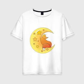 Женская футболка хлопок Oversize с принтом вечернее чаепитие в Тюмени, 100% хлопок | свободный крой, круглый ворот, спущенный рукав, длина до линии бедер
 | звезды | лиса | луна | ночь | уют | чай