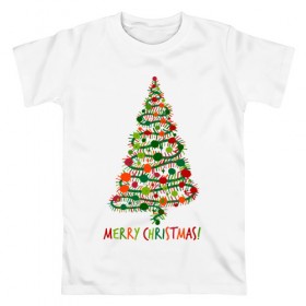 Мужская футболка хлопок с принтом Merry Christmas в Тюмени, 100% хлопок | прямой крой, круглый вырез горловины, длина до линии бедер, слегка спущенное плечо. | 2019 | дед мороз | дом | елка | желание | животные | зима | кабан | милый | мороз | настроение | новый год | пеппа | подарок | позитив | поросенок | праздник | радость | рождество | санта клаус | свинка