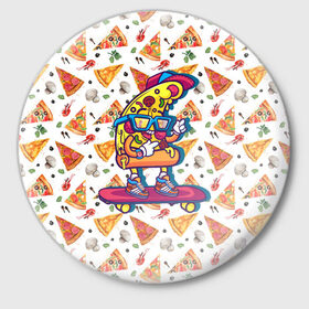 Значок с принтом Пицца на скейте в Тюмени,  металл | круглая форма, металлическая застежка в виде булавки | Тематика изображения на принте: pizza | грибы | еда | зелень | колбаса | крутаяпицца | кусокпиццы | пицца | пиццерия | скейт | сыр