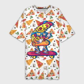 Платье-футболка 3D с принтом Пицца на скейте в Тюмени,  |  | pizza | грибы | еда | зелень | колбаса | крутаяпицца | кусокпиццы | пицца | пиццерия | скейт | сыр