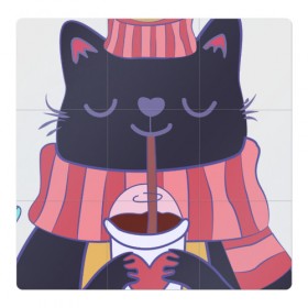 Магнитный плакат 3Х3 с принтом Зима - это кофе в Тюмени, Полимерный материал с магнитным слоем | 9 деталей размером 9*9 см | cat | coffee | kitty | зима | зимний | кот | котенок | котик | котики | котэ | кофе | кофейный | кошка | кружка | сердечко | сердце | теплый | шапочка