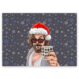 Поздравительная открытка с принтом Лебовски Санта в Тюмени, 100% бумага | плотность бумаги 280 г/м2, матовая, на обратной стороне линовка и место для марки
 | balls | big lebowski | bowling | film | happy christmas | movie | santa claus | skittles | большой лебовски | боулинг | дед мороз | кегли | кино | колпак | красная шапка | новый год | праздник | рождество | с новым годом | санта клаус