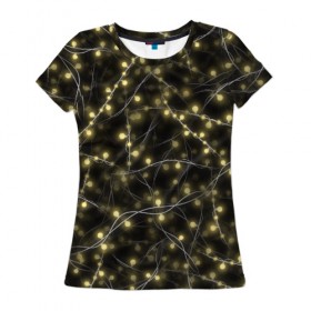 Женская футболка 3D с принтом Новогодняя гирлянда в Тюмени, 100% полиэфир ( синтетическое хлопкоподобное полотно) | прямой крой, круглый вырез горловины, длина до линии бедер | желтый | лампочки | новый год | огни | огоньки | провода | свет | черный | электрогирлянда