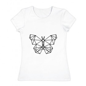Женская футболка хлопок с принтом Полигональная бабочка в Тюмени, 100% хлопок | прямой крой, круглый вырез горловины, длина до линии бедер, слегка спущенное плечо | бабочка | геометрическая бабочка | геометрия | полигон | полигональная бабочка | полигоны | трендовая бабочка | треугольники