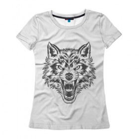 Женская футболка 3D с принтом Свирепый волк в Тюмени, 100% полиэфир ( синтетическое хлопкоподобное полотно) | прямой крой, круглый вырез горловины, длина до линии бедер | волк | опасное лицо | свирепость | свирепый | суровый взгляд | хищная рожа | хищник