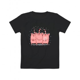 Детская футболка хлопок с принтом Три Новогодних Поросёнка в Тюмени, 100% хлопок | круглый вырез горловины, полуприлегающий силуэт, длина до линии бедер | Тематика изображения на принте: 