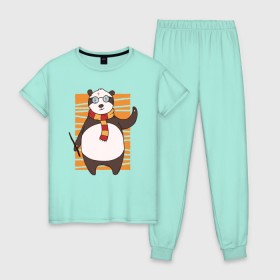Женская пижама хлопок с принтом Панда Поттер в Тюмени, 100% хлопок | брюки и футболка прямого кроя, без карманов, на брюках мягкая резинка на поясе и по низу штанин | волшебник | панда | панды | поттер