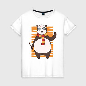 Женская футболка хлопок с принтом Панда Поттер в Тюмени, 100% хлопок | прямой крой, круглый вырез горловины, длина до линии бедер, слегка спущенное плечо | волшебник | панда | панды | поттер