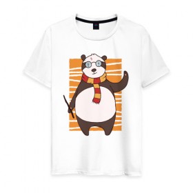 Мужская футболка хлопок с принтом Панда Поттер в Тюмени, 100% хлопок | прямой крой, круглый вырез горловины, длина до линии бедер, слегка спущенное плечо. | волшебник | панда | панды | поттер