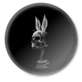 Значок с принтом Зая в Тюмени,  металл | круглая форма, металлическая застежка в виде булавки | Тематика изображения на принте: бабочки | животные | зая | заяц | кости | кролик | череп | черно белый | черное и белое